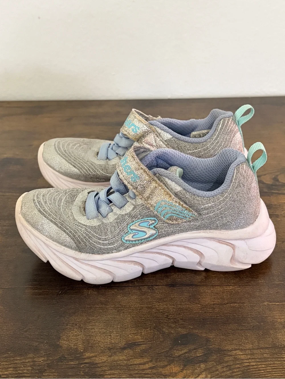 Skechers Kids Silver Glitter Sneakers with Light Blue Details